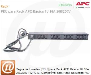 AP9565 - Rgua de tomadas [PDU] para Rack Bsica 1U 16A 208/230V (12) C13 