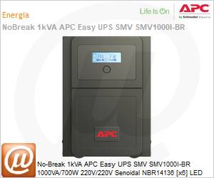 SMV1000I-BR - No-Break 1kVA APC Easy UPS SMV SMV1000I-BR 1000VA/700W 220V/220V Senoidal NBR14136 [x6] LED Torre Garantia 2/1 Anos by Schneider Electric (Substitui SMC1000XLBI-BR)