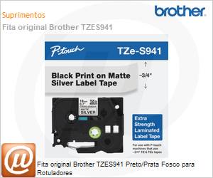 TZES941 - Fita original Brother TZES941 Preto/Prata Fosco para Rotuladores