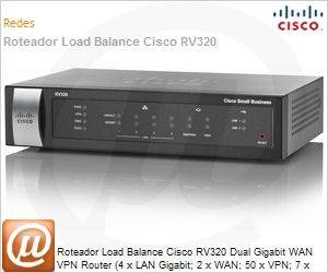 RV320 - Roteador Load Balance Cisco RV320 Dual Gigabit WAN VPN Router (4 x LAN Gigabit; 2 x WAN; 50 x VPN; 7 x VLAN) IPSEC (Substitui RV302)