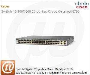WS-C3750G-48TS-S - Switch Gigabit 28 portas Cisco Catalyst 3750 WS-C3750G-48TS-S (24 x Gigabit; 4 x SFP) Gerencivel Empilhvel Layer 3 IOS IP Base