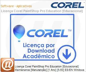 LCPSPML1MNTA1 - Licena Corel PaintShop Pro Education [Educacional] Maintenance [Manuteno] [1 Ano] [5-50] ES/EN Windows 