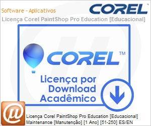 LCPSPML1MNTA2 - Licena Corel PaintShop Pro Education [Educacional] Maintenance [Manuteno] [1 Ano] [51-250] ES/EN Windows 