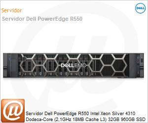 210-AZEI-00DQ - Servidor Dell PowerEdge R550 Intel Xeon Silver 4310 Dodeca-Core (2,1GHz 18MB Cache L3) 32GB 960GB SSD iDRAC9 Enterprise 