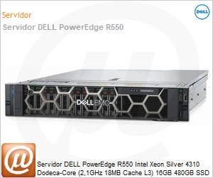 210-AZEI-QN72 - Servidor DELL PowerEdge R550 Intel Xeon Silver 4310 Dodeca-Core (2,1GHz 18MB Cache L3) 16GB 480GB SSD iDRAC9 Enterprise 15G 