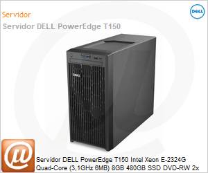 210-BBSZ-PD66 - Servidor DELL PowerEdge T150 Intel Xeon E-2324G Quad-Core (3,1GHz 6MB) 8GB 480GB SSD DVD-RW 2x Windows Server 2022 Essentials iDRAC9 Basic 15G 