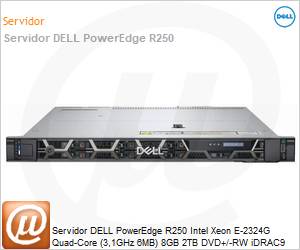 210-BCCR-QN0T - Servidor DELL PowerEdge R250 Intel Xeon E-2324G Quad-Core (3,1GHz 6MB) 8GB 2TB DVD+/-RW iDRAC9 Basic 15G 