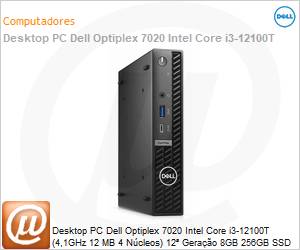 210-BLWM-V48W - Desktop PC Dell Optiplex 7020 Intel Core i3-12100T (4,1GHz 12 MB 4 Ncleos) 12 Gerao 8GB 256GB SSD Windows 11 Professional 