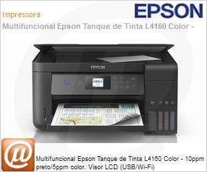 C11CG23302 - Impressora Multifuncional Tanque de tinta Epson EcoTank L4160 Color 10ppm preto/5ppm color. Visor LCD (USB/Wi-Fi)