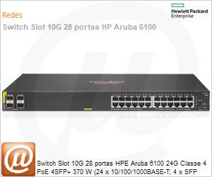JL677A - Switch Slot 10G 28 portas HPE Aruba 6100 24G Classe 4 PoE 4SFP+ 370 W (24 x 10/100/1000BASE-T; 4 x SFP 1G/10G) Gerencivel L2 