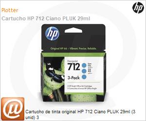 3ED77A - Cartucho de tinta original HP 712 Ciano PLUK 29ml (3 unidades)