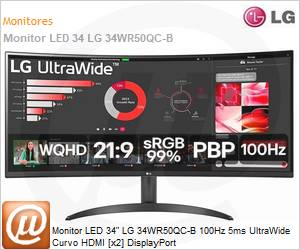 34WR50QC-B.AWZM - Monitor LED 34" LG 34WR50QC-B 100Hz 5ms UltraWide Curvo HDMI [x2] DisplayPort 