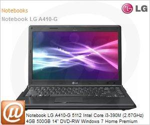 A410-GBE45P1 - Notebook LG A410-G 5112 Intel Core i3-390M (2.67GHz) 4GB 500GB 14" DVD-RW Windows 7 Home Premium Bluetooth 3.0 WebCam Preto.