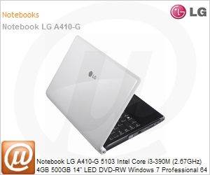 A410-GBN42P1 - Notebook LG A410-G 5103 Intel Core i3-390M (2.67GHz) 4GB 500GB 14" LED DVD-RW Windows 7 Professional 64 Wi-Fi Bluetooth WebCam HDMI Branco