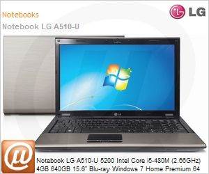 A510-UBE51P1 - Notebook LG A510-U 5200 Intel Core i5-480M (2.66GHz) 4GB 640GB 15.6" Blu-ray Windows 7 Home Premium 64 Wi-Fi Bluetooth WebCam HDMI NVIDIA GeForce 310M 1GB Preto