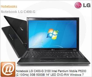 C400-GBC31P1 - Notebook LG C400-G 3100 Intel Pentium Mobile P6200 (2.13GHz) 3GB 500GB 14" LED DVD-RW Windows 7 Home Basic Wi-Fi N Bluetooth 3.0 WebCam HDMI Preto