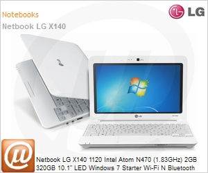 X140-G.BG15P1 - Netbook LG X140 1120 Intel Atom N470 (1.83GHz) 2GB 320GB 10.1" LED Windows 7 Starter Wi-Fi N Bluetooth WebCam 3G Branco/Branco