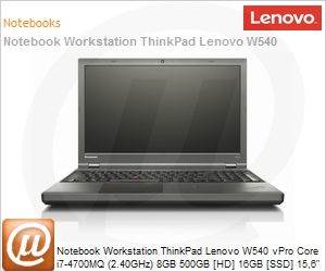 20BH0023BR - Notebook Workstation ThinkPad Lenovo W540 vPro Core i7-4700MQ (2.40GHz) 8GB 500GB [HD] 16GB [SSD] 15,6" Full HD DVD-RW Windows 7/8 Pro 64 Wi-Fi AC NVIDIA Quadro K2100M 2GB