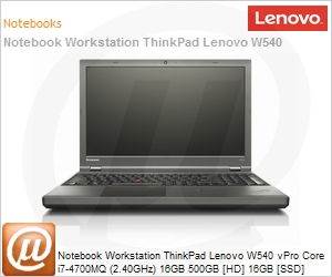 20BH0027BR - Notebook Workstation ThinkPad Lenovo W540 vPro Core i7-4700MQ (2.40GHz) 16GB 500GB [HD] 16GB [SSD] 15,6" Full HD DVD-RW Windows 7/8 Pro 64 Wi-Fi AC NVIDIA Quadro K2100M 2GB