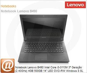 37722FP - Notebook Lenovo B490 Intel Core i3-3110M 3 Gerao (2.40GHz) 4GB 500GB 14" LED DVD-RW Windows 8 SL 64 Wi-Fi N Bluetooth 4.0 WebCam HDMI USB 3.0