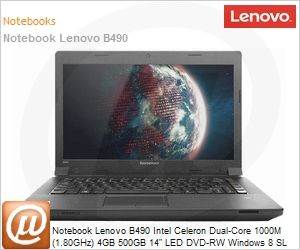 37722QP - Notebook Lenovo B490 Intel Celeron Dual-Core 1000M (1.80GHz) 4GB 500GB 14" LED DVD-RW Windows 8 SL 64 Wi-Fi N Bluetooth 4.0 WebCam HDMI USB 3.0