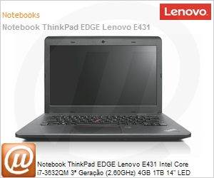 6277C4P - Notebook ThinkPad EDGE Lenovo E431 Intel Core i7-3632QM 3 Gerao (2.60GHz) 4GB 1TB 14" LED DVD-RW Windows 8 Professional 64 Wi-Fi N WebCam HDMI Fingerprint USB 3.0 (Ex E430)