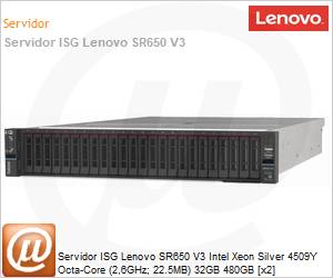 7D76100ABR - Servidor ISG Lenovo SR650 V3 Intel Xeon Silver 4509Y Octa-Core (2,6GHz; 22.5MB) 32GB 480GB [x2] 