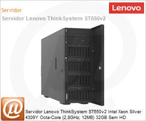 7Z74A04EBR - Servidor Lenovo ThinkSystem ST650v2 Intel Xeon Silver 4309Y Octa-Core (2,8GHz; 12MB) 32GB Sem HD 