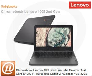 81MA000QBR - Chromebook Lenovo 100E 2nd Gen Intel Celeron Dual Core N4000 (1,1GHz 4MB Cache 2 Ncleos) 4GB 32GB SSD eMMC 11,6" Intel Ultra-HD 600 Google Chrome OS 1 Ano Balco