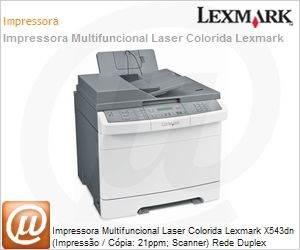 26B0124 - Impressora Multifuncional Laser Colorida Lexmark X543dn (Impresso / Cpia: 21ppm; Scanner) Rede Duplex (ex-X500)