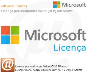 381-04610 - Licena por assinatura Value [OLV] Microsoft ExchgStdCAL ALNG LicSAPk OLV NL 1Y AqY1 Acdmc [Educacional] AP Stdnt UsrCAL Additional Product Non-Specific 1 Year(s) Acquired year 1