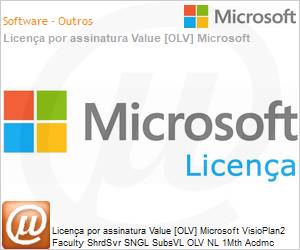 DV2-00004 - Licena por assinatura Value [OLV] Microsoft VisioPlan2 Faculty ShrdSvr SNGL SubsVL OLV NL 1Mth Acdmc [Educacional] AP Additional Product Non-Specific 1 Month(s) Non-Specific