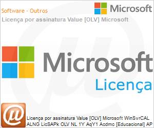 R18-05986 - Licena por assinatura Value [OLV] Microsoft WinSvrCAL ALNG LicSAPk OLV NL 1Y AqY1 Acdmc [Educacional] AP Stdnt UsrCAL Additional Product Non-Specific 1 Year(s) Acquired year 1