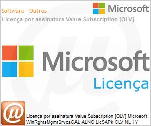 T98-02615 - Licena por assinatura Value Subscription [OLV] Microsoft WinRghtsMgmtSrvcsCAL ALNG LicSAPk OLV NL 1Y Acdmc Stdnt DvcCAL Additional Product Non-Specific 1 Year(s) Non-Specific