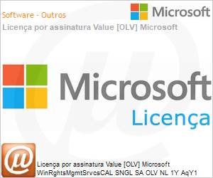 T98-02951 - Licena por assinatura Value [OLV] Microsoft WinRghtsMgmtSrvcsCAL SNGL SA OLV NL 1Y AqY1 Acdmc [Educacional] AP UsrCAL Additional Product Non-Specific 1 Year(s) Acquired year 1