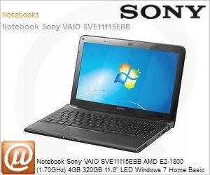 SVE11115EBB - Notebook Sony VAIO SVE11115EBB AMD E2-1800 (1.70GHz) 4GB 320GB 11.6" LED Windows 7 Home Basic 64 Wi-Fi N Bluetooth 4.0 WebCam HDMI Radeon HD 7340 USB 3.0 Preto