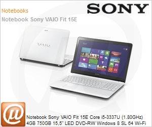 SVF15213CBW - Notebook Sony VAIO Fit 15E Core i5-3337U (1.80GHz) 4GB 750GB 15,5" LED DVD-RW Windows 8 SL 64 Wi-Fi N Bluetooth 4.0 WebCam HDMI USB 3.0 Branco + Subwoofer e Headphone MDR-ZX300