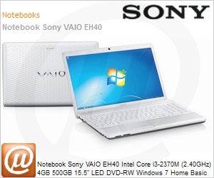 VPC-EH40EB/W - Notebook Sony VAIO EH40 Intel Core i3-2370M (2.40GHz) 4GB 500GB 15.5" LED DVD-RW Windows 7 Home Basic 64 Wi-Fi N Bluetooth WebCam HDMI Branco