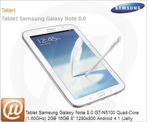 GT-N5100ZWLZTO - Tablet Samsung Galaxy Note 8.0 GT-N5100 Quad-Core (1.60GHz) 2GB 16GB 8" 1280x800 Android 4.1 (Jelly Bean) Wi-Fi N 3G Bluetooth GPS 5MP 1.3MP USB microSD Branco S Pen Desbloqueado