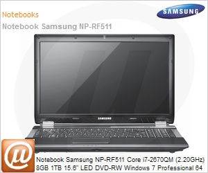 NP-RF511-SD3BR - Notebook Samsung NP-RF511 Core i7-2670QM (2.20GHz) 8GB 1TB 15.6" LED DVD-RW Windows 7 Professional 64 Wi-Fi N Bluetooth 3.0 WebCam HDMI USB 3.0 NVIDIA GeForce GT540M Optimus 2GB