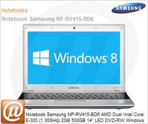 NP-RV415-BD6BR - Notebook Samsung NP-RV415-BD6 AMD Dual Intel Core E-300 (1.30GHz) 2GB 500GB 14" LED DVD-RW Windows 8 SL Wi-Fi N WebCam HDMI