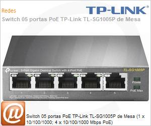 TL-SG1005P - Switch 05 portas PoE TP-Link TL-SG1005P de Mesa (1 x 10/100/1000; 4 x 10/100/1000 Mbps PoE)