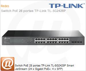 TL-SG2428P - Switch PoE 28 portas TP-Link TL-SG2428P Smart JetStream (24 x Gigabit PoE+; 4 x SFP) 