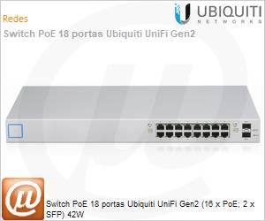 USW-16-POE - Switch PoE 18 portas Ubiquiti UniFi Gen2 (16 x PoE; 2 x SFP) 42W 