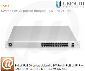 USW-Pro-24-PoE - Switch PoE 26 portas Ubiquiti USW-Pro-24-PoE UniFi Pro Gen2 (24 x PoE+; 2 x SFP+) Gerencivel L3 
