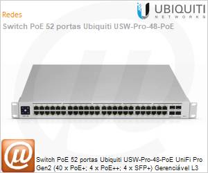 USW-Pro-48-PoE - Switch PoE 52 portas Ubiquiti USW-Pro-48-PoE UniFi Pro Gen2 (40 x PoE+; 4 x PoE++; 4 x SFP+) Gerencivel L3 