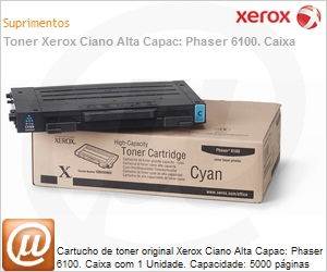106R00680NO - Cartucho de toner original Xerox Ciano Alta Capac: Phaser 6100. Caixa com 1 Unidade. Capacidade: 5000 pginas