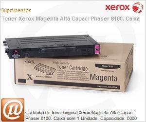 106R00681NO - Cartucho de toner original Xerox Magenta Alta Capac: Phaser 6100. Caixa com 1 Unidade. Capacidade: 5000 pginas