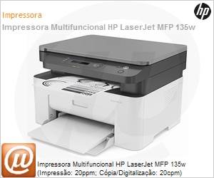 4ZB83A - Impressora Multifuncional HP LaserJet MFP 135w (Impresso: 20ppm; Cpia/Digitalizao: 20cpm) 1200x1200dpi 10.000 pginas USB Wi-Fi Painel LCD 