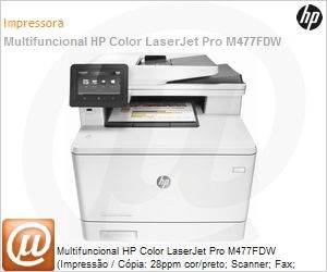 CF379A - Multifuncional HP Color LaserJet Pro M477FDW (Impresso / Cpia: 28ppm cor/preto; Scanner; Fax; E-mail) Laser Colorida Multitarefa Duplex ADF Wi-Fi 50.000